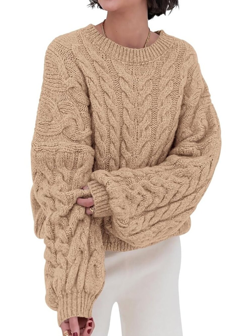 Women's Apricot Cable Knit Long Sleeve Crewneck Oversized Chunky Loose Sweaters